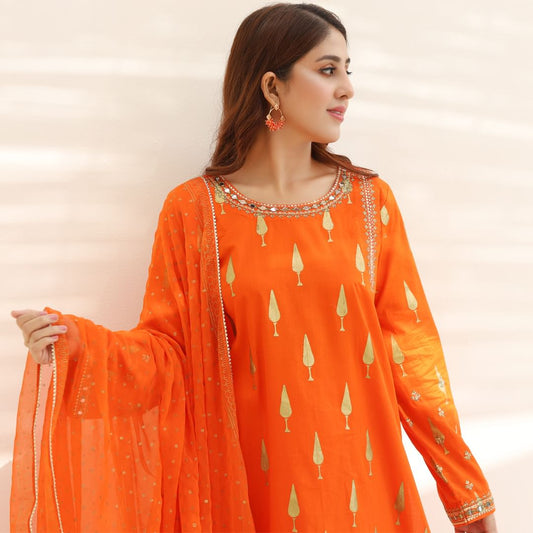 Orange Lawn Embroidered Suit - 3PC