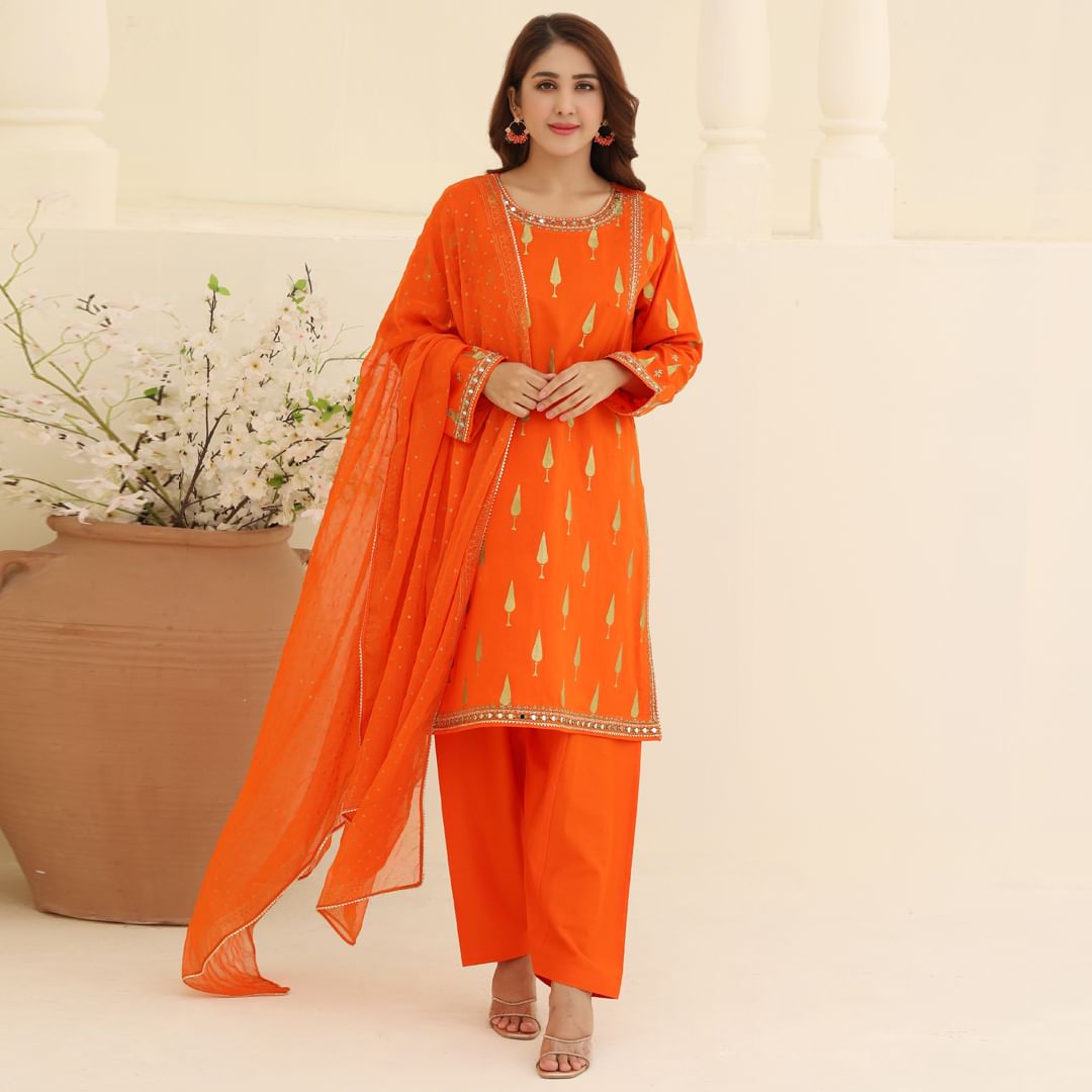 Orange Lawn Embroidered Suit - 3PC