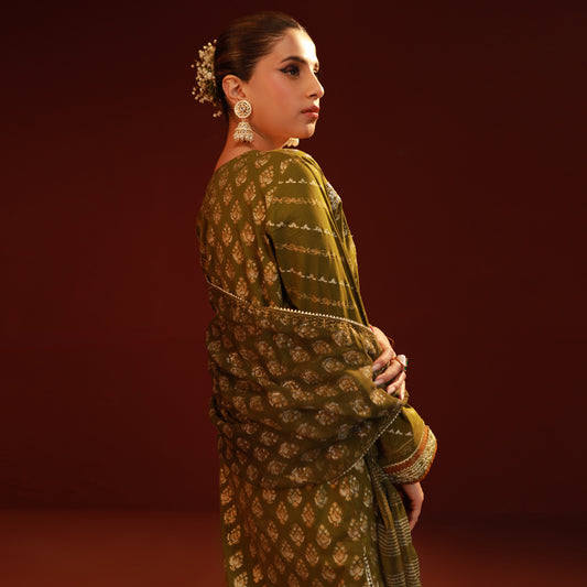 Olive Green Lawn Embroidered Suit - 3PC