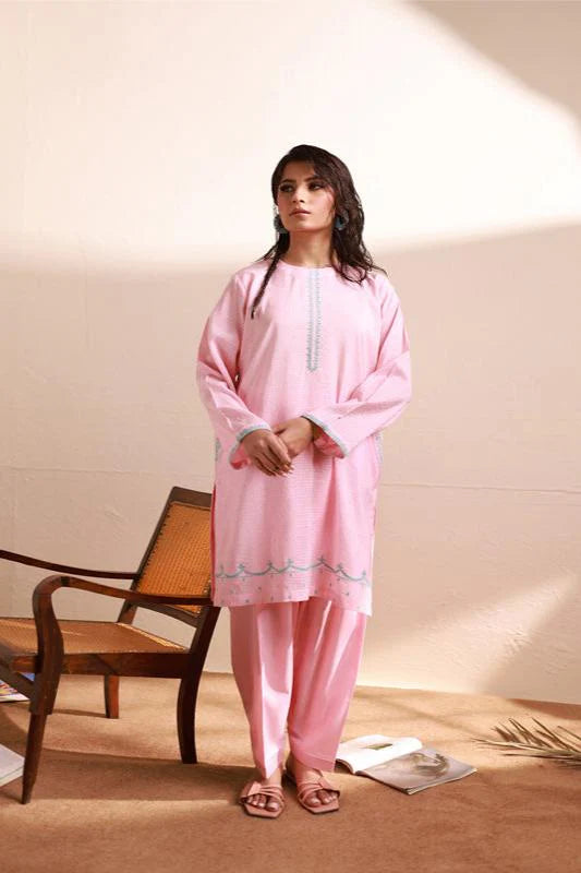 Pink Dobby Embroidered Kurti - 1 PC