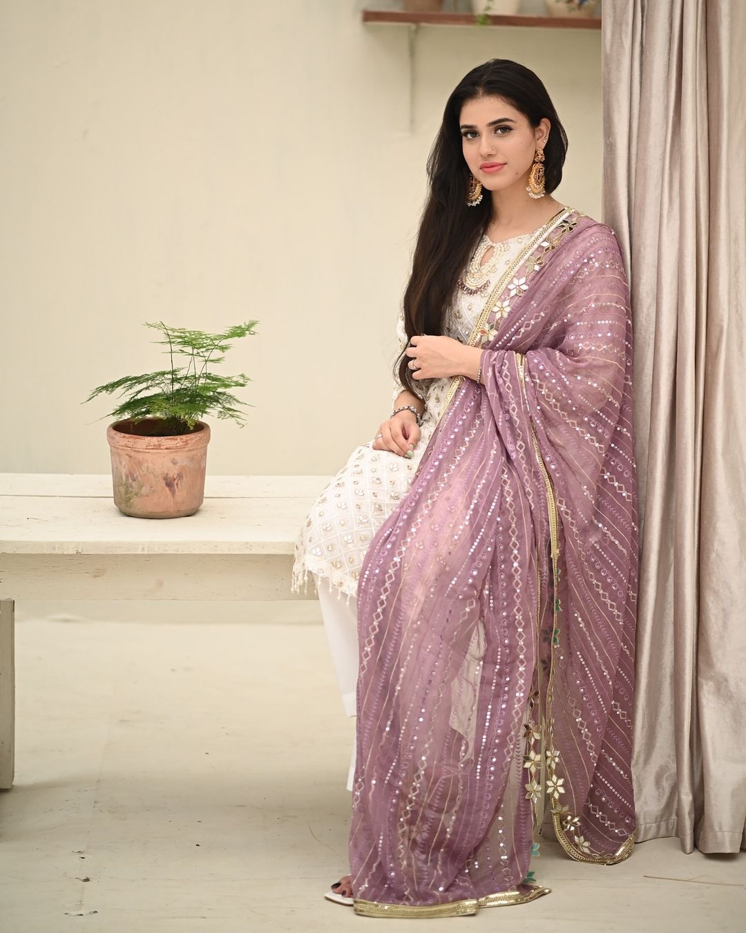 Chiffon Embroidered & Embellished 3-Piece Suit - Lilac