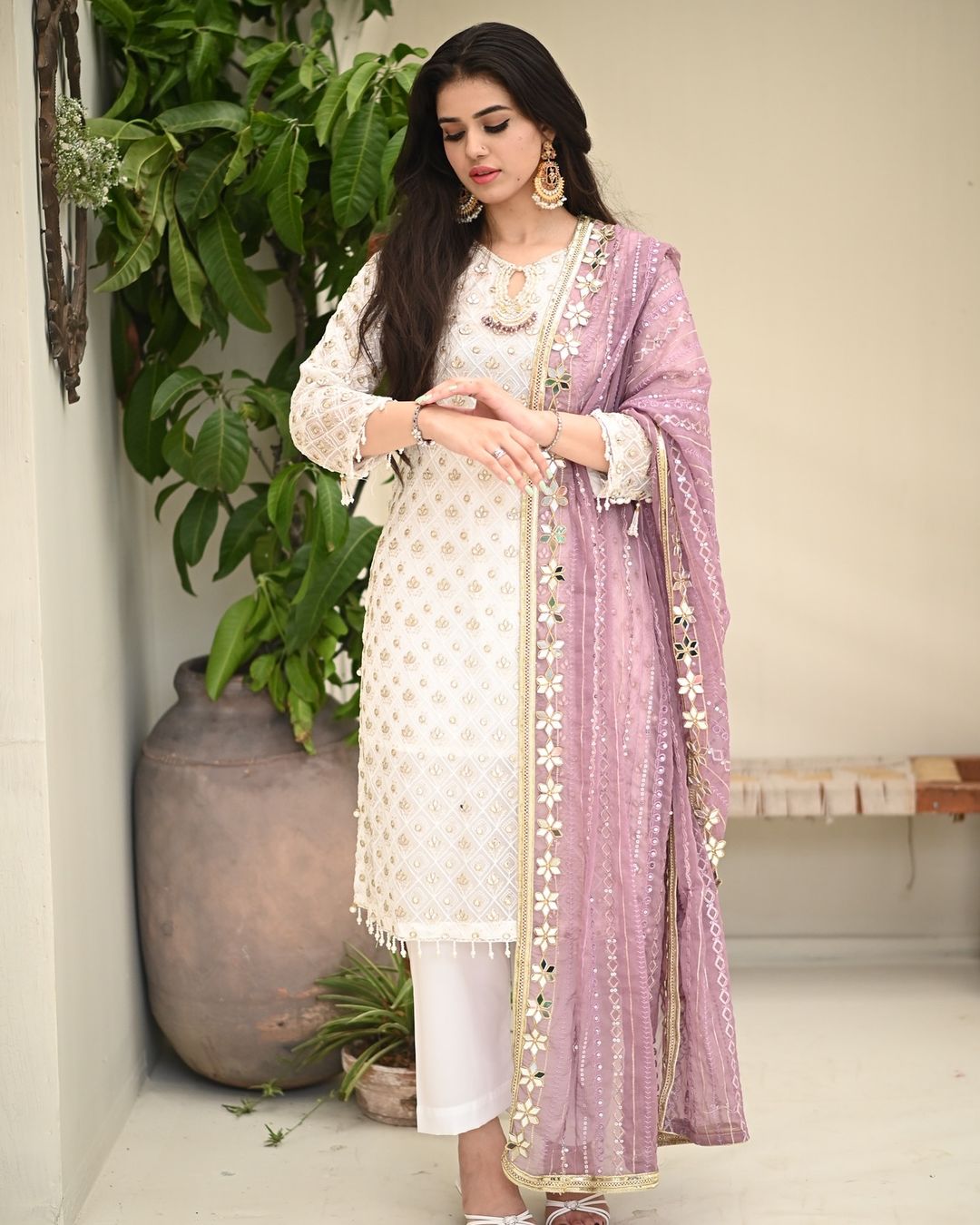 Chiffon Embroidered & Embellished 3-Piece Suit - Lilac