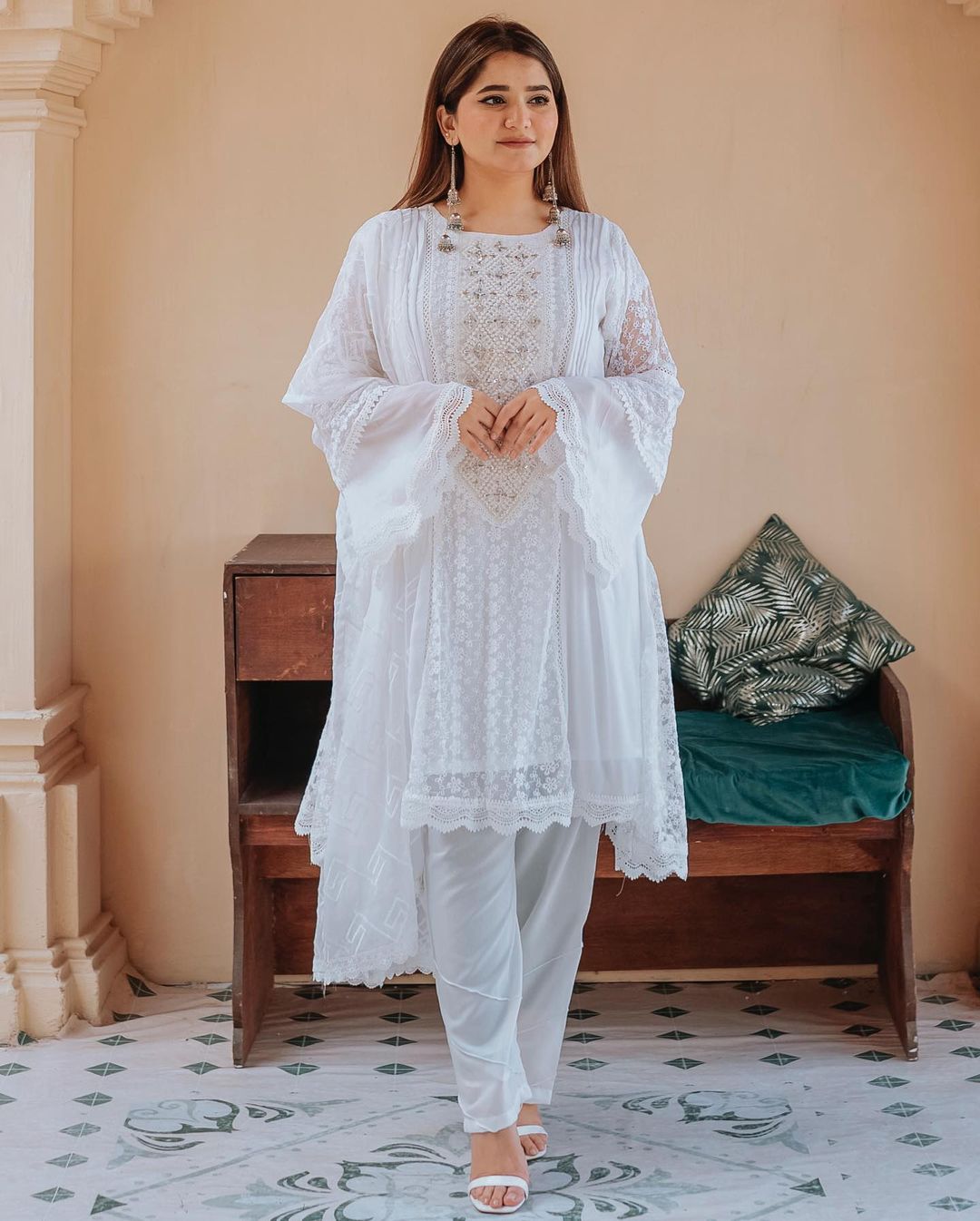 White Embroidered Suit by Uzair Arts