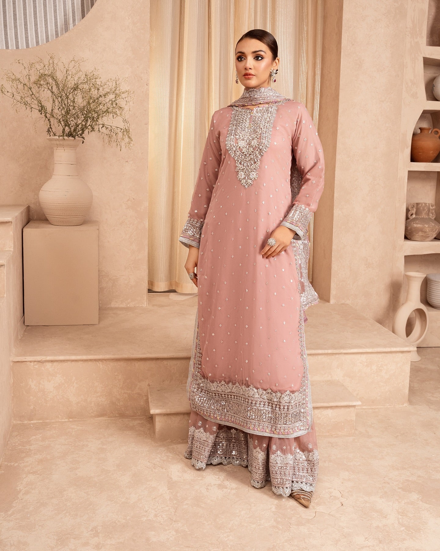 Chiffon Embellished 3-Piece Gharara Suit - Pink